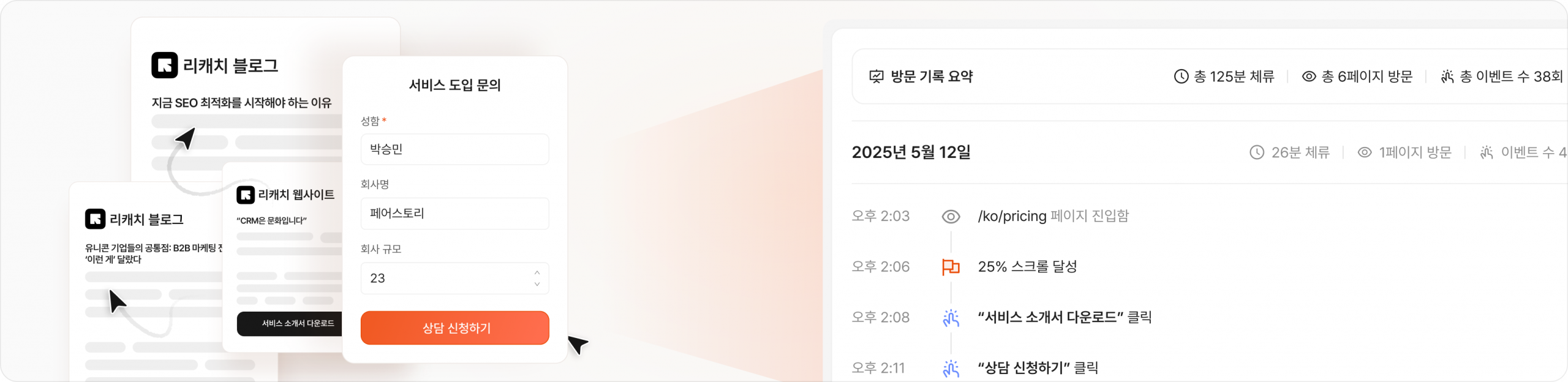 리캐치 고객 여정 데이터 화면으로 개별 고객이 웹사이트에서 어떤 페이지를 방문했는지 시간순으로 보여주는 대시보드이다. GTM 설정 없이도 리캐치를 통해 버튼 클릭과 페이지 이동 패턴을 자동으로 추적할 수 있는 기능을 보여주며, 우측에는 고객의 방문 기록과 관심 페이지들이 타임라인 형태로 표시되어 있다.