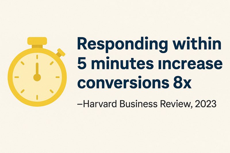 B2B에서 세일즈 자동화가 중요한 이유를 강조하기 위해 하버드비즈니스 리뷰의 "5 minutes increase conversion 8x"라는 문구를 인용하고 있다.